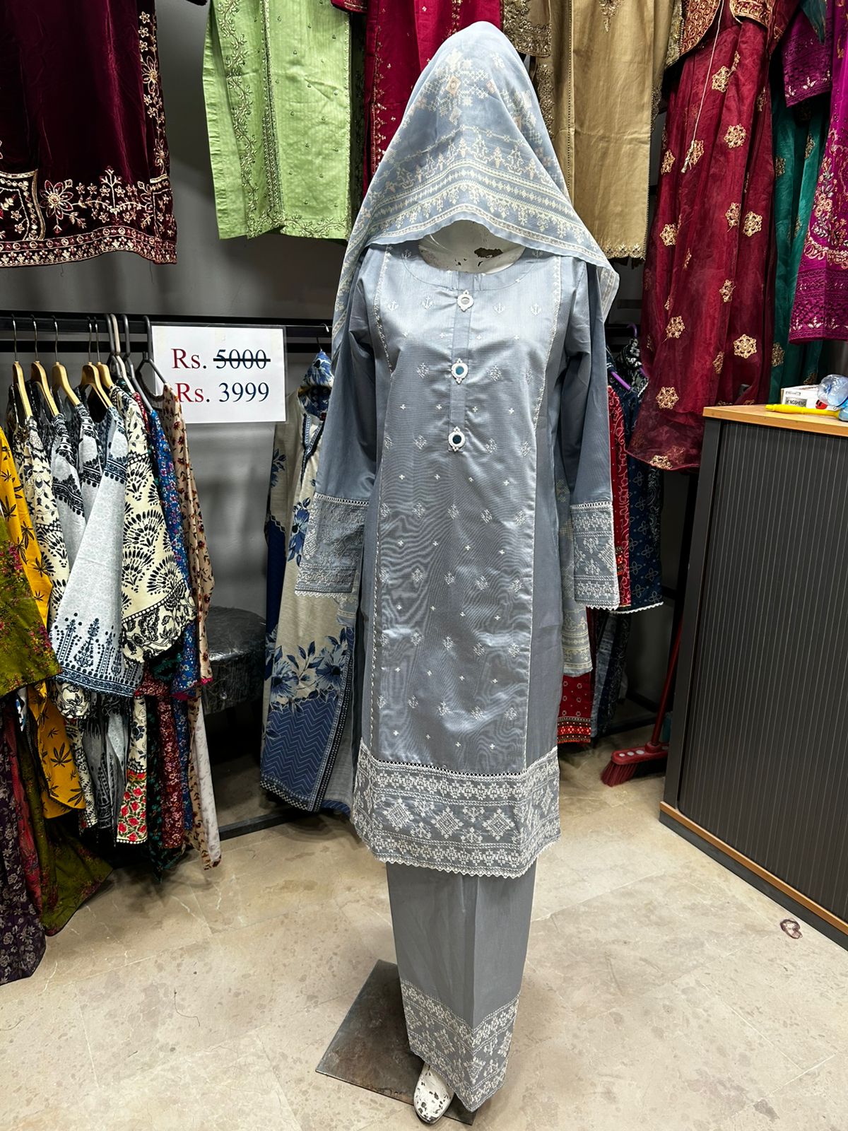 Gray Embroidered Cotton 3-Piece Traditional Pakistani Suit