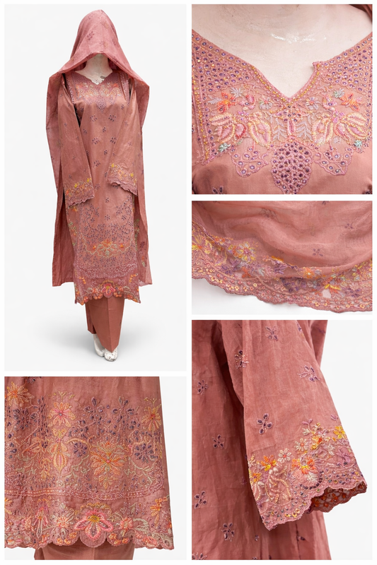 Dusty Rose Embroidered Doria Cotton 3-Piece Pakistani Suit