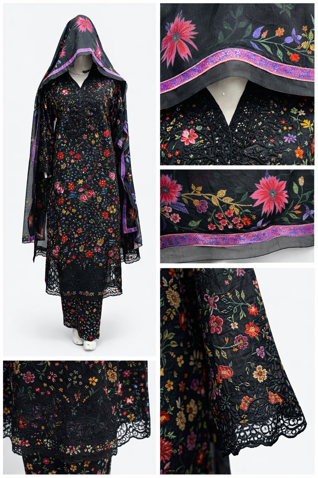 Black Floral Embroidered Khaddar 3-Piece Pakistani Suit