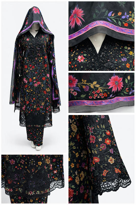 Black Floral Embroidered Khaddar 3-Piece Pakistani Suit