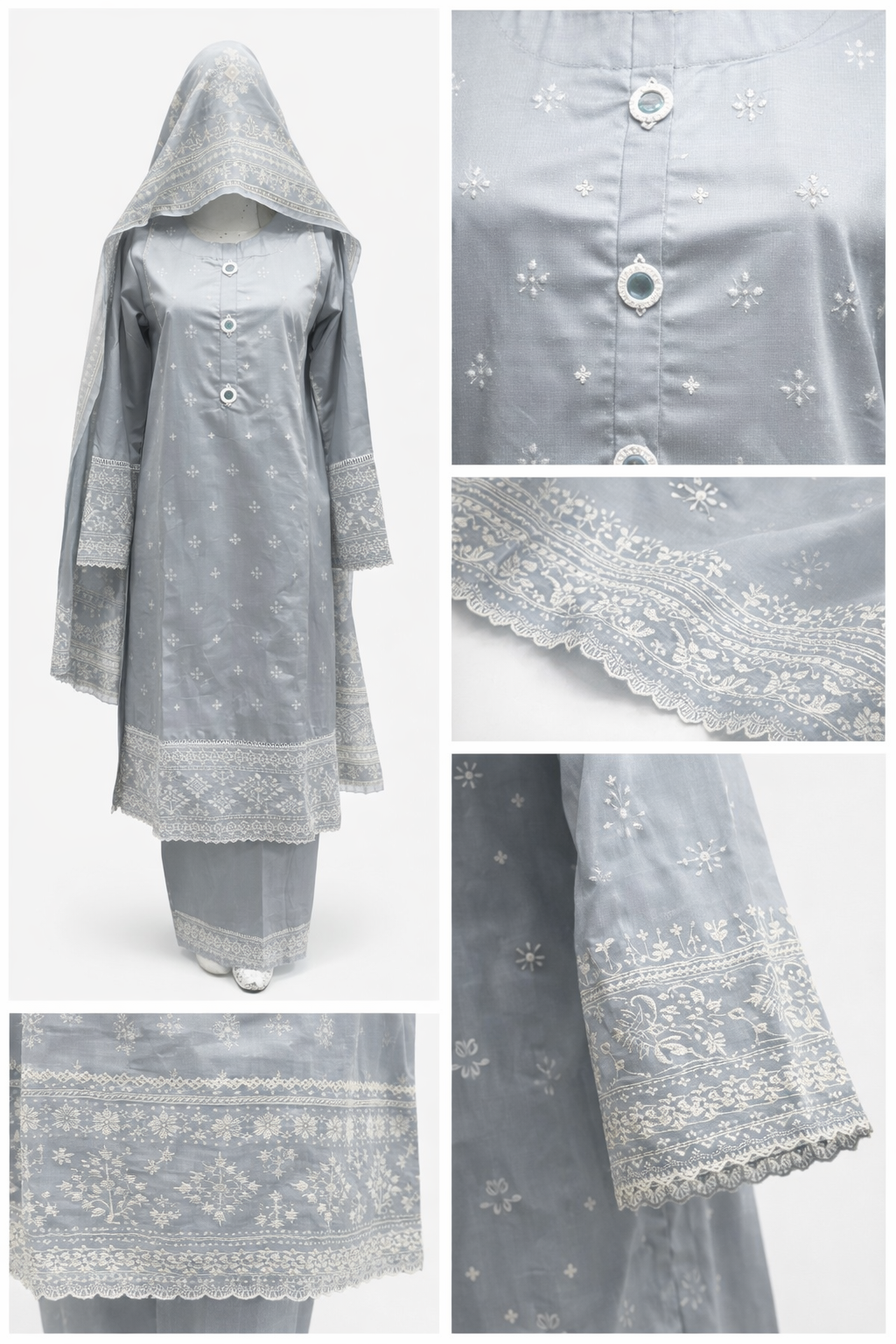 Gray Embroidered Cotton 3-Piece Traditional Pakistani Suit