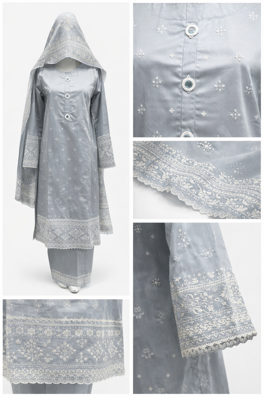Gray Embroidered Cotton 3-Piece Traditional Pakistani Suit