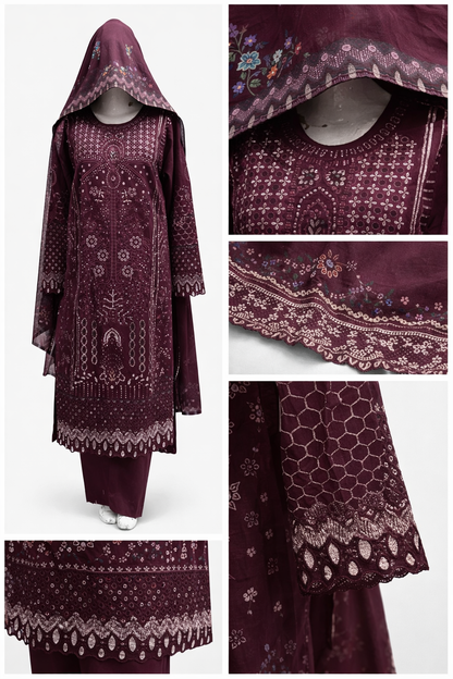 Maroon Embroidered Khaddar 3-Piece Traditional Pakistani Suit