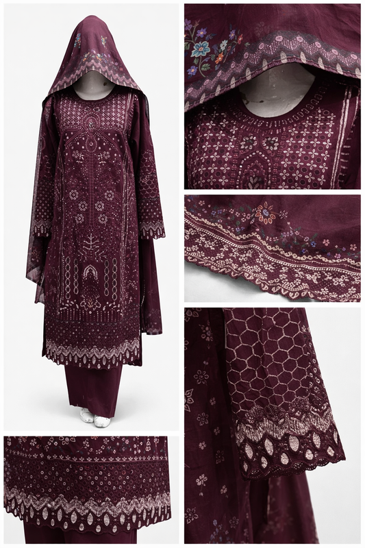Maroon Embroidered Khaddar 3-Piece Traditional Pakistani Suit