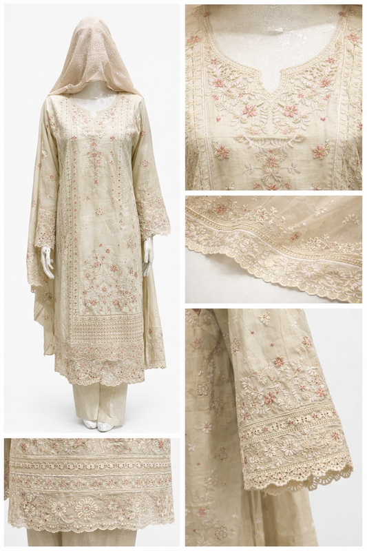 Elegant Beige Khaddar 3-Piece Pakistani Outfit