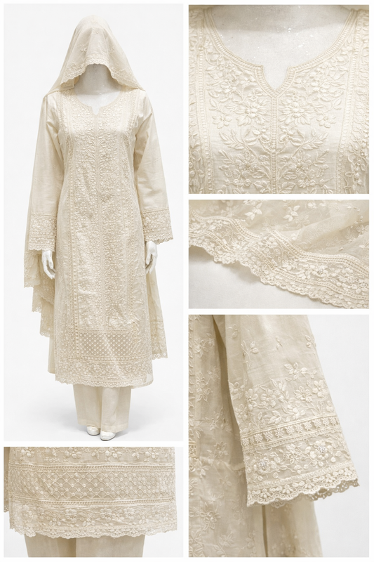 Elegant Off-White Cotton 3-Piece Pakistani Outfit