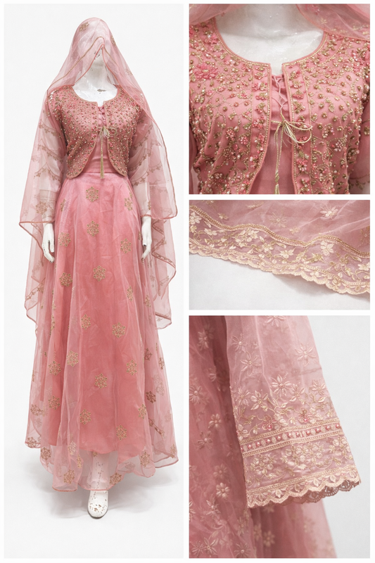 Elegant Pink Organza 3-Piece Embroidered Outfit