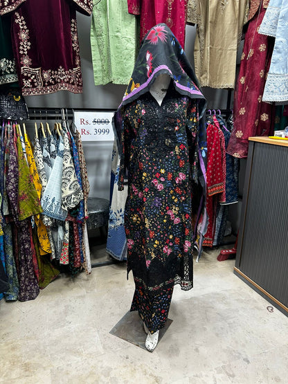 Black Floral Embroidered Khaddar 3-Piece Pakistani Suit