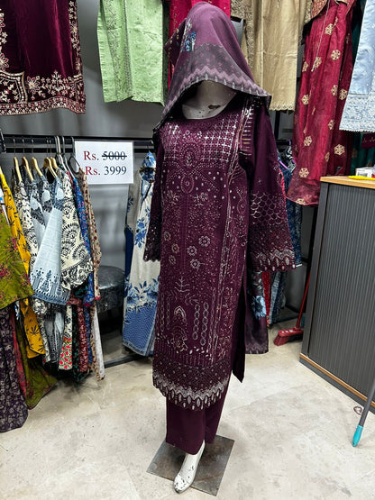 Maroon Embroidered Khaddar 3-Piece Traditional Pakistani Suit