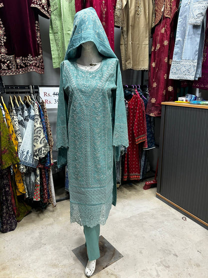 Teal Chicken Kari Khaddar 3-Piece Embroidered Suit